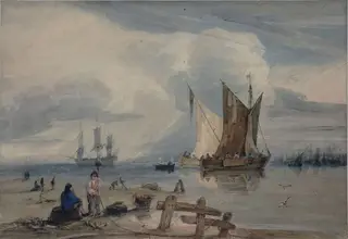 Shipping in a calm, with fishermen on the beach, by Samuel Owen, watercolor, 1800