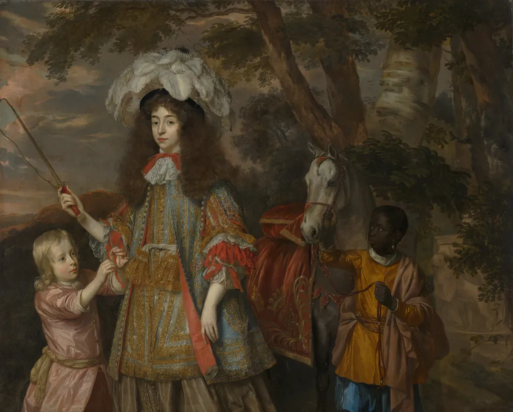 Portrait of Maria of Orange (1642-1688), with Hendrik van Zuijlestein (d. 1673) and a Servant, by Johannes Mytens, oil, 1665