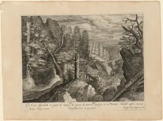 Landscape with Mountains, a River, and Elijah and the Raven, by Magdalena van de Passe, ink, 1624
