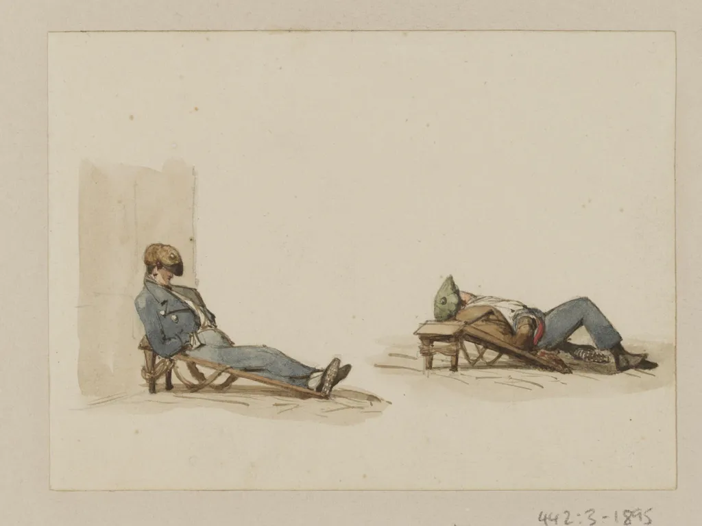 Two men sleeping, by Ambrose Poynter, watercolor, 1835
