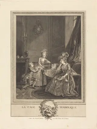 La cage symbolique (The Symbolic Cage), by Etienne Fessard, ink, 1738