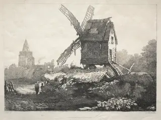 A Series of Ancient Buildings and Rural Cottages in the North of England:  At Crowland, Windmill, by Samuel Prout, 1821
