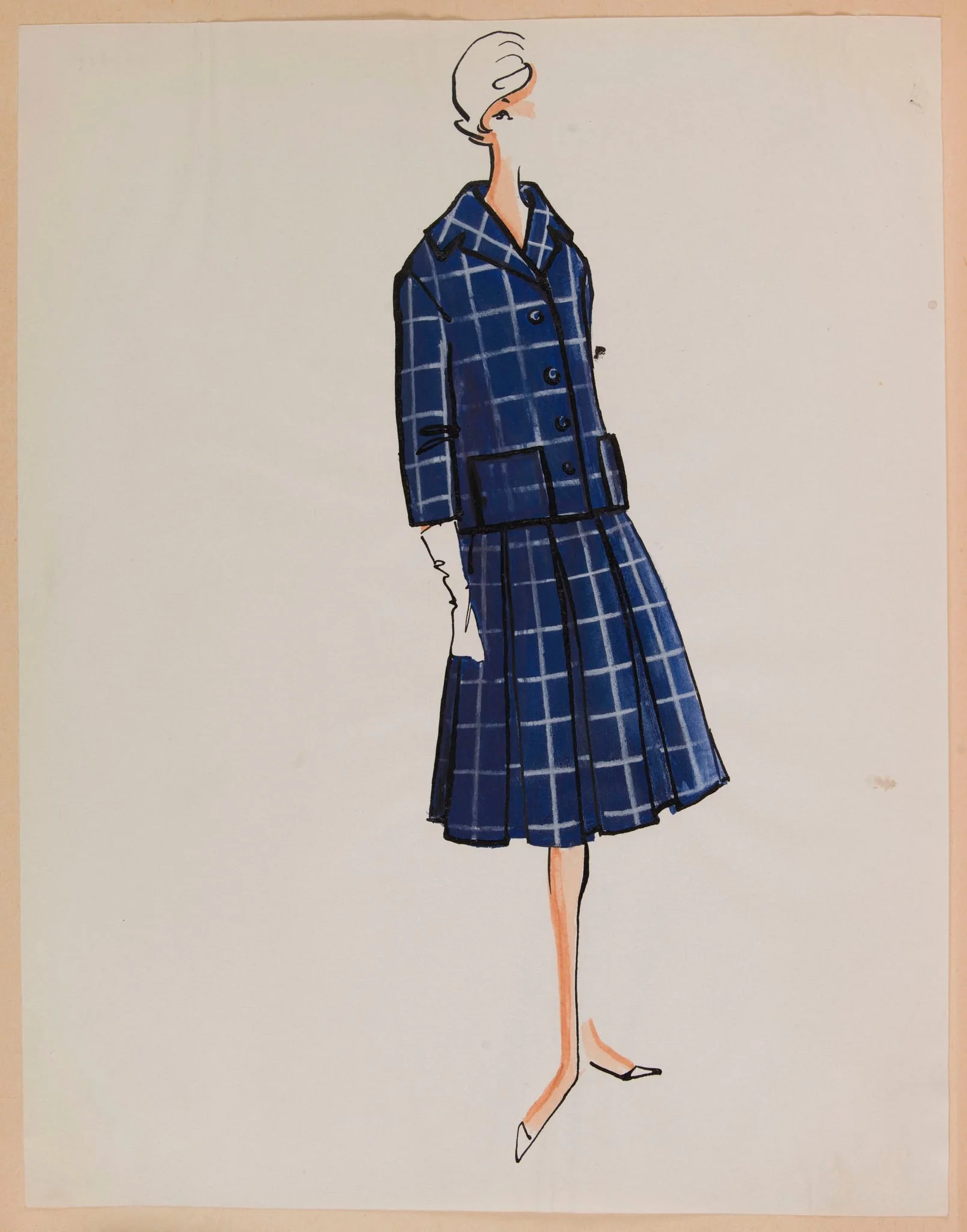 Tailleur bleu à jupe plissée, detail