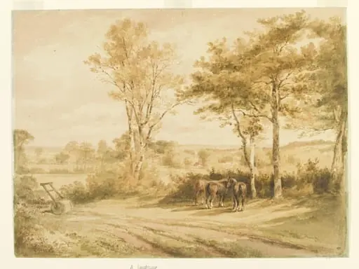 Hedgerow, Trees and Horses, by Henry RA Edridge, watercolor, 1790