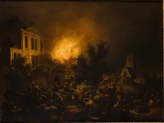 Fire in the City – Palace in the Fire, by Egbert van der Poel, oil, 1659
