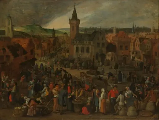Market Day in a Flemish Town, by Sebastiaen Vrancx, unspecified, 1624