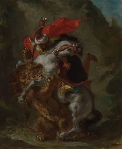 Arab Horseman Attacked by a Lion, by Eugène Delacroix, oil, 1850