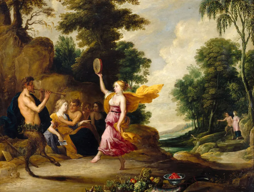Pan plays the flute before nymphs and satyrs, by David Teniers the Younger, oil, 1638
