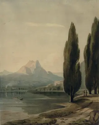 Landscape with Cypress Trees: Mountains in the distance, by John Varley, watercolor, 1800