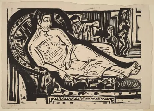 Woman Lying on a Sofa, by Ernst Ludwig Kirchner, ink, 1926