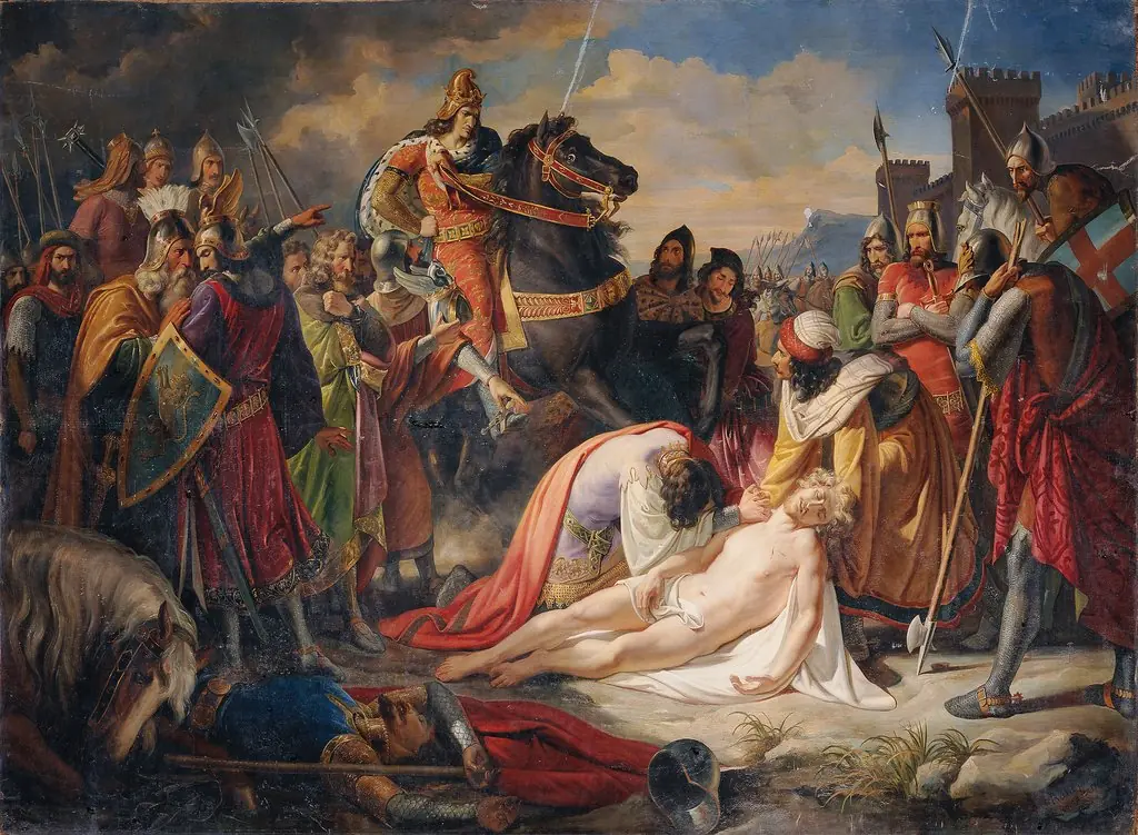 Karl I. von Anjou an der Leiche Manfreds nach der Schlacht von Benevent am 26. Februar 1266, by Carl Rahl, oil, 1838