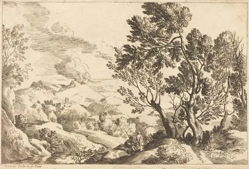 Roman Landscape, by Gaspard Dughet, ink, 1645