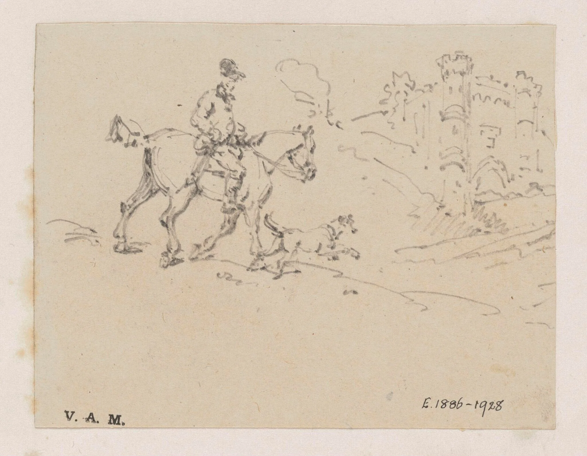 A rider and dog approaching a castle, detail