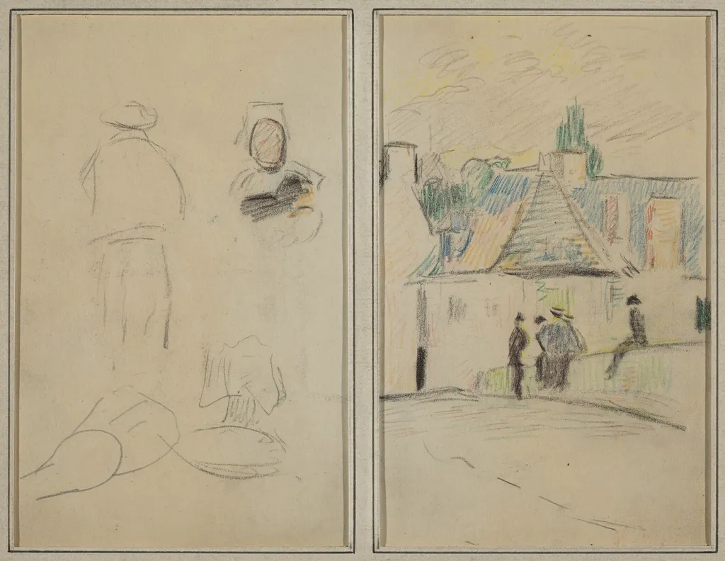 Two Breton Figures; Bridge at Pont-Aven [recto], by Paul Gauguin, crayon, 1886