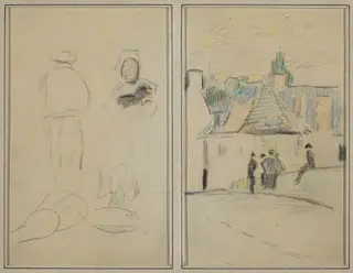Two Breton Figures; Bridge at Pont-Aven [recto], by Paul Gauguin, crayon, 1886
