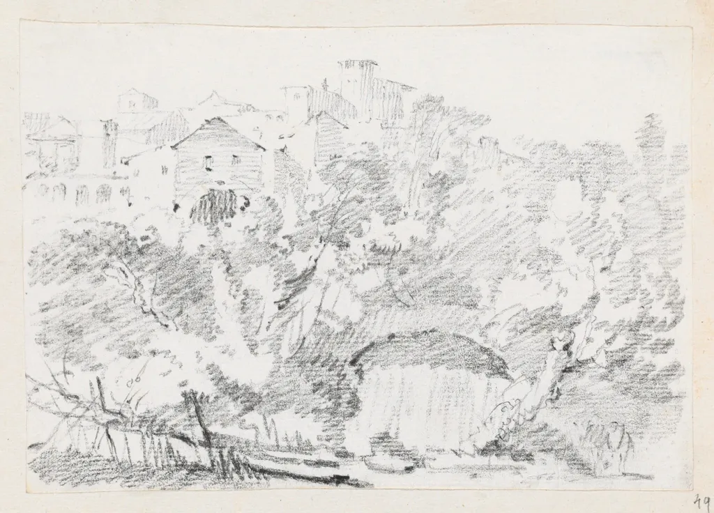 A Waterfall near a Hilltown in Italy, by Joseph-Marie Vien, graphite, 1747