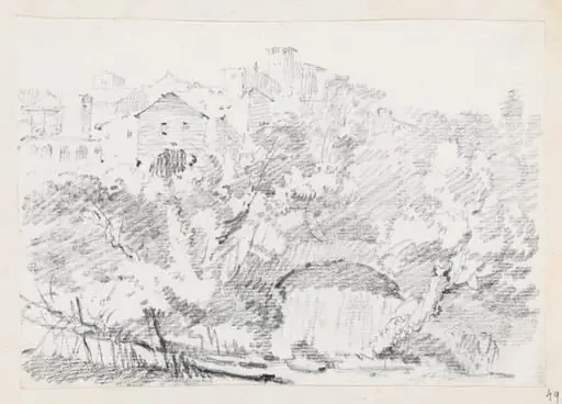 A Waterfall near a Hilltown in Italy, by Joseph-Marie Vien, graphite, 1747