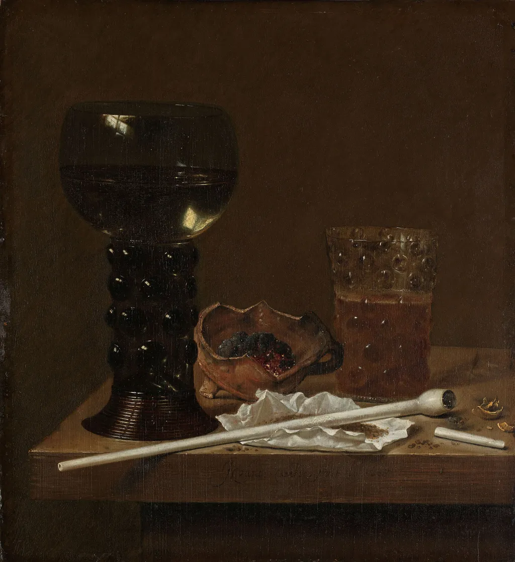 Still life with wineglass, beer glass and pipe, by Jan Jansz van de Velde, oil, 1658