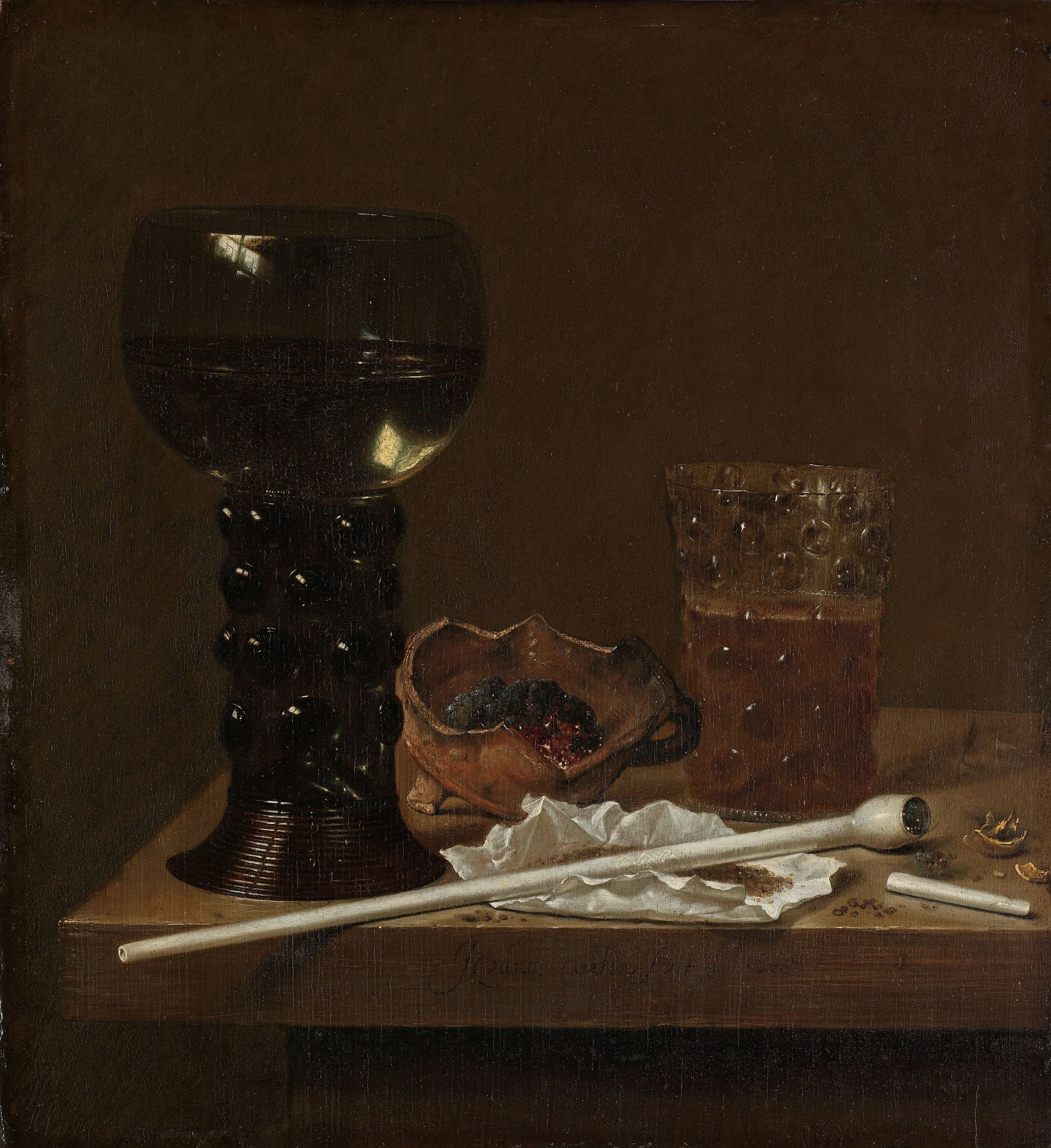 Still life with wineglass, beer glass and pipe, detail
