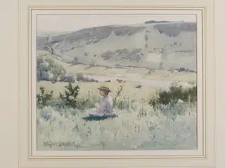 Landscape with a seated figure, by Nelson Dawson, watercolor, 1892