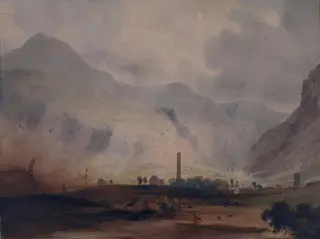 Vale of Glendalough, County Wicklow, with the round tower, by George Petrie, watercolor, 1810