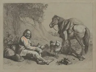 Seated Old Man about to Drink from a Gourd, by Francesco Londonio, ink, 1763