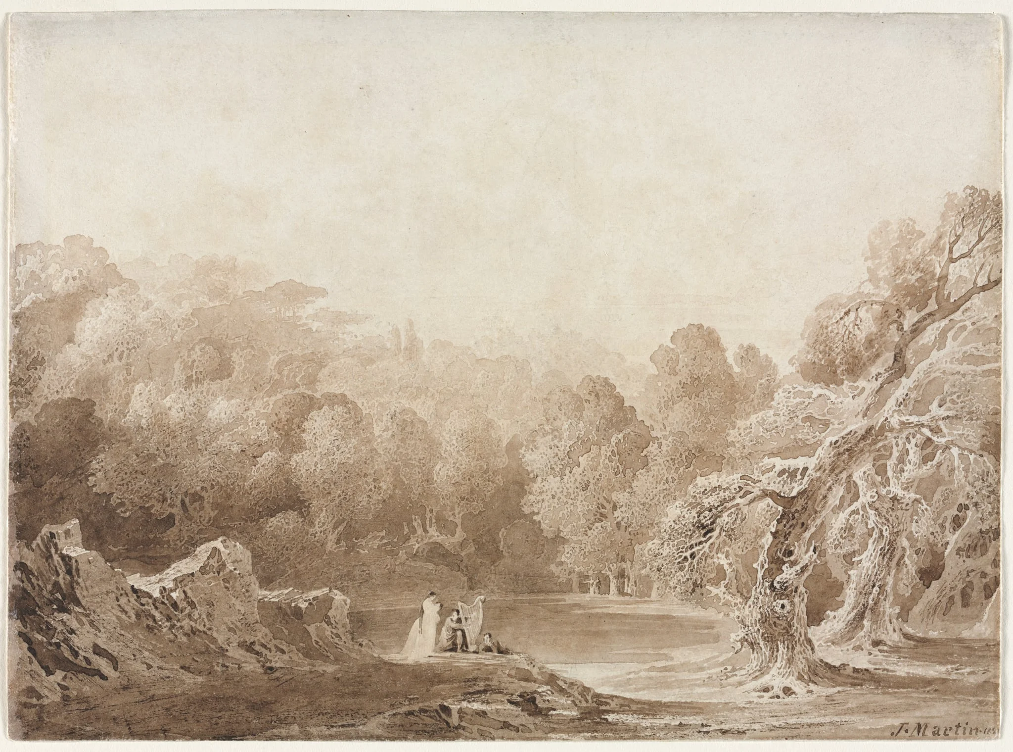 A Man Playing a Harp with other Figures beside a Lake, detail