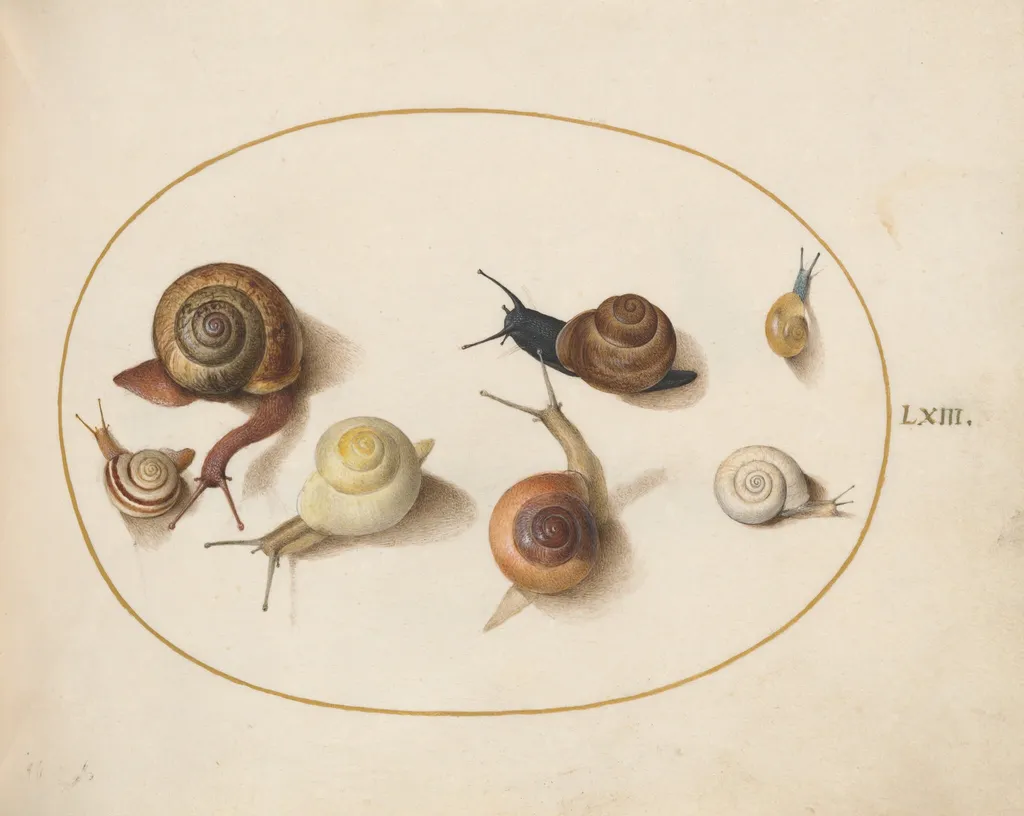 Plate 63: Seven Snails, by Joris Hoefnagel, gouache, 1594