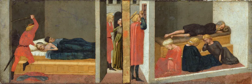Altar predella; Right panel: The parricide of St. Julian - The miracle of St. Nicholas of Bari, by Masaccio, tempera