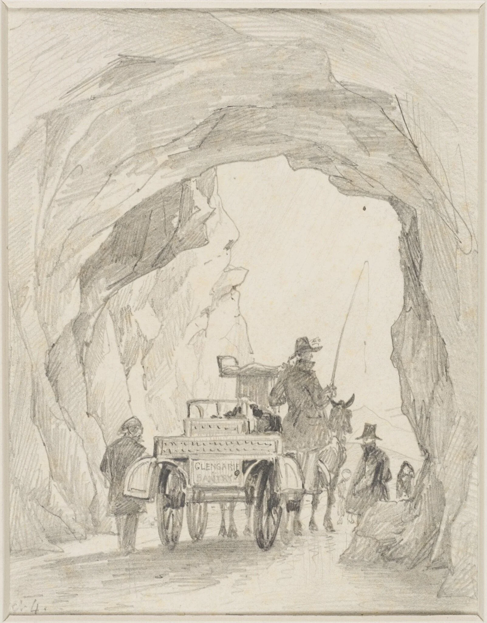 Jaunting car passing under an archway, detail