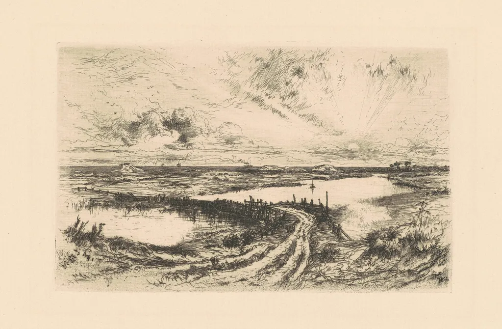 Sunrise—The Pond, Easthampton, Long Island, by Thomas Moran, ink, 1881