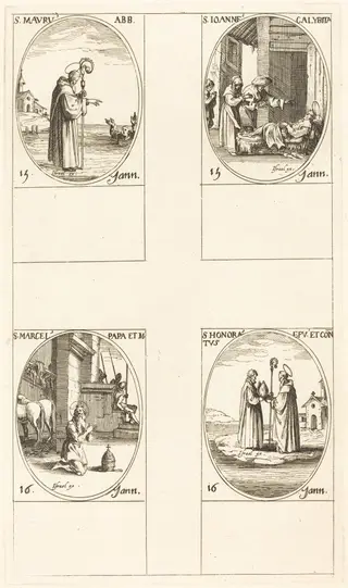 St. Maurus; St. John Calybite; St. Marcellus; St. Honoratus, by Jacques Callot, ink, 1634