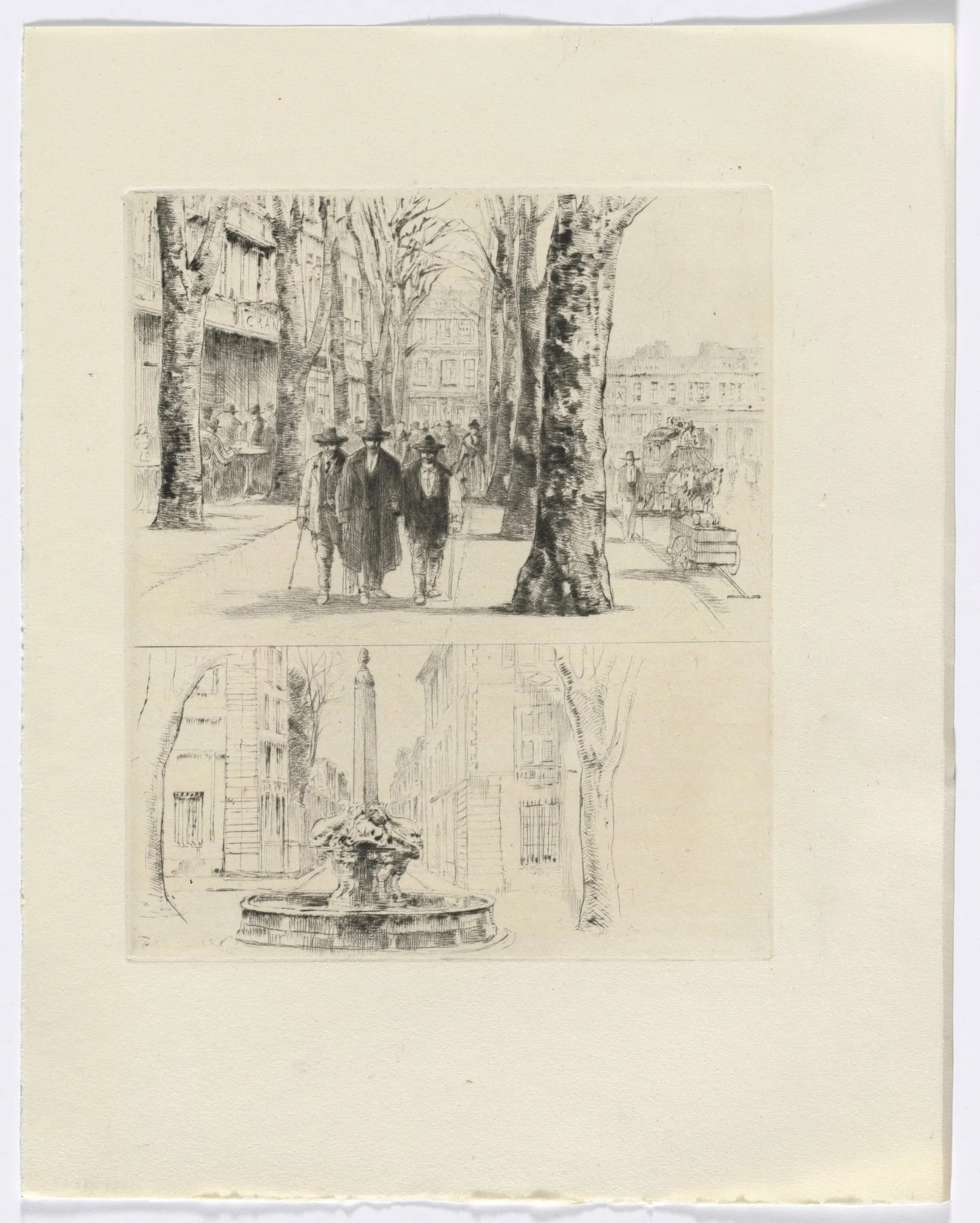 Frédéric Mistral: Mémoires et Recits by Frédéric Mistral: city street scene/ fountain (insert after p. 120), detail