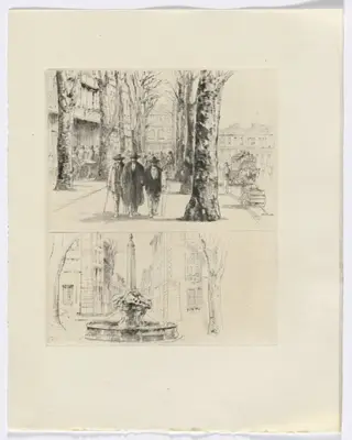 Frédéric Mistral: Mémoires et Recits by Frédéric Mistral: city street scene/ fountain (insert after p. 120), by Auguste Brouet, 1937