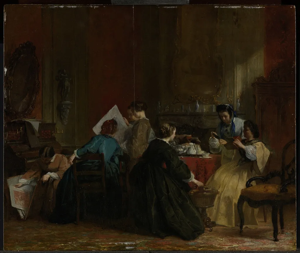 Group of Women Looking at Stereoscope Photographs, by Jacob Spoel, wood, 1868