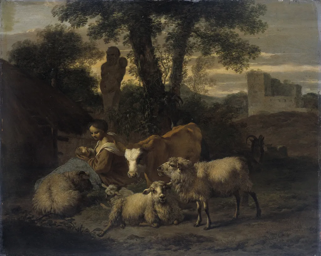 Italian landscape with sheperdess and flocks, by Simon van der Does, oil, 1708