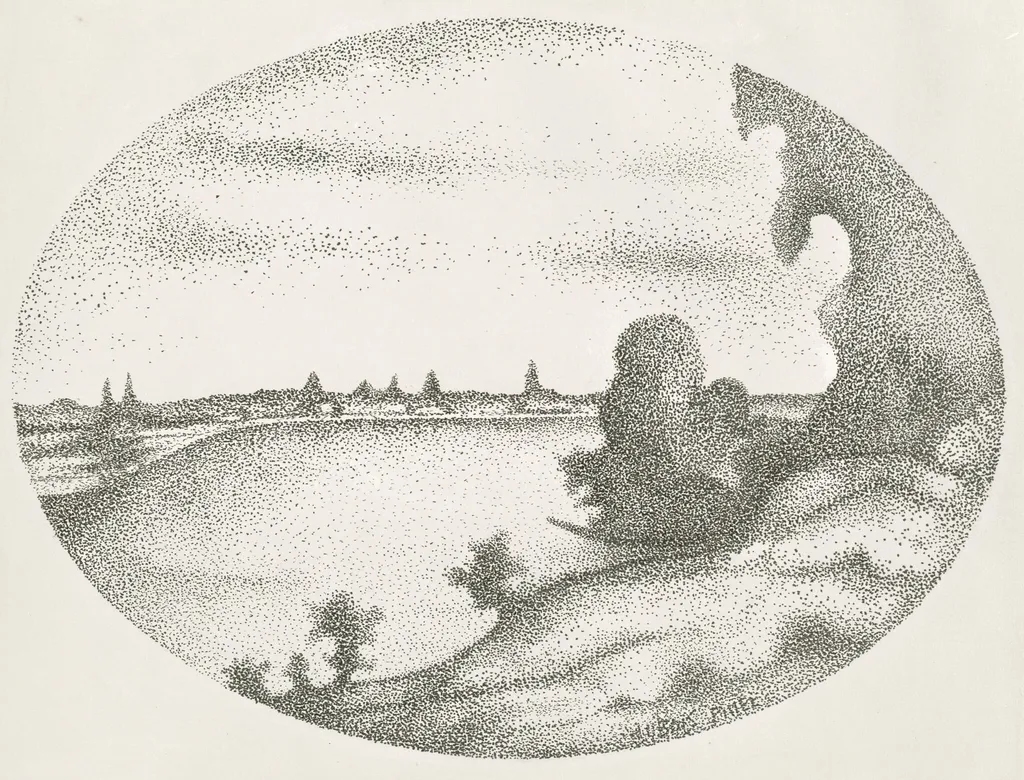A River Landscape, by Albert Dubois-Pillet, ink, 1888