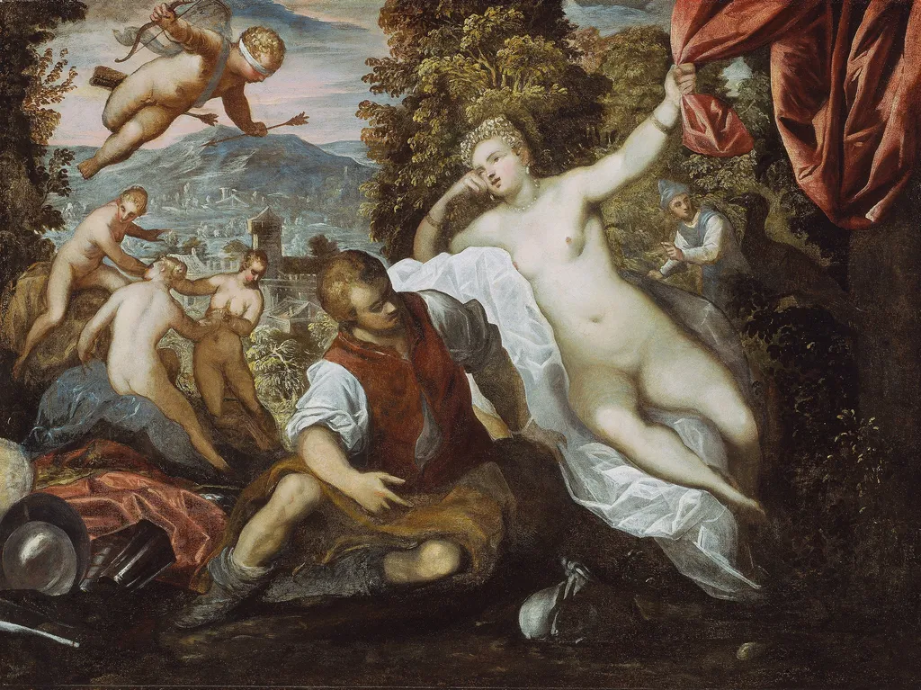 Venus and Mars with Cupid and the Three Graces in a Landscape, by Domenico Tintoretto, oil, 1596