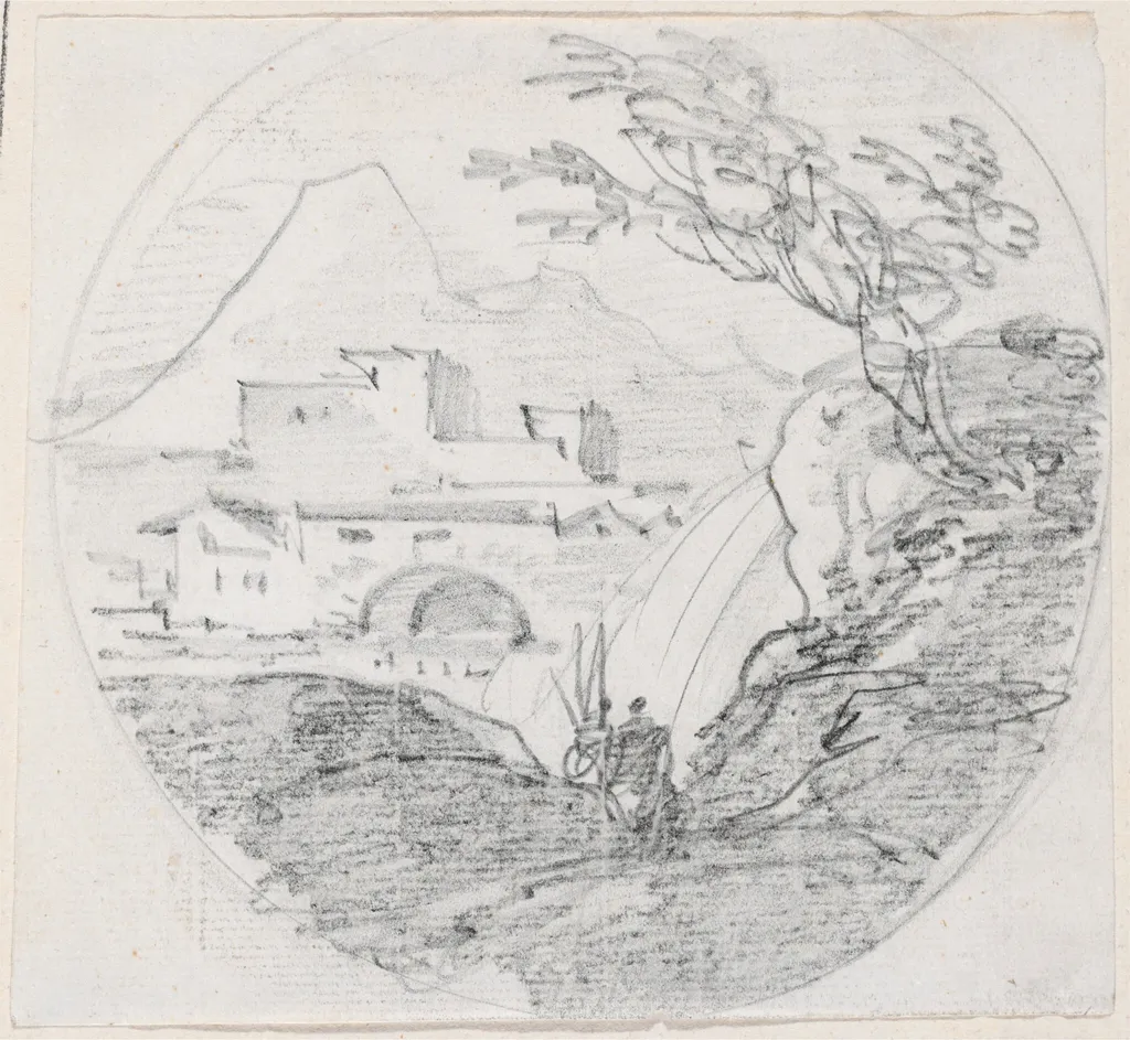 View from a Ridge to a Village and Distant Mountain, by Hubert Robert, graphite, 1760