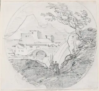 View from a Ridge to a Village and Distant Mountain, by Hubert Robert, graphite, 1760