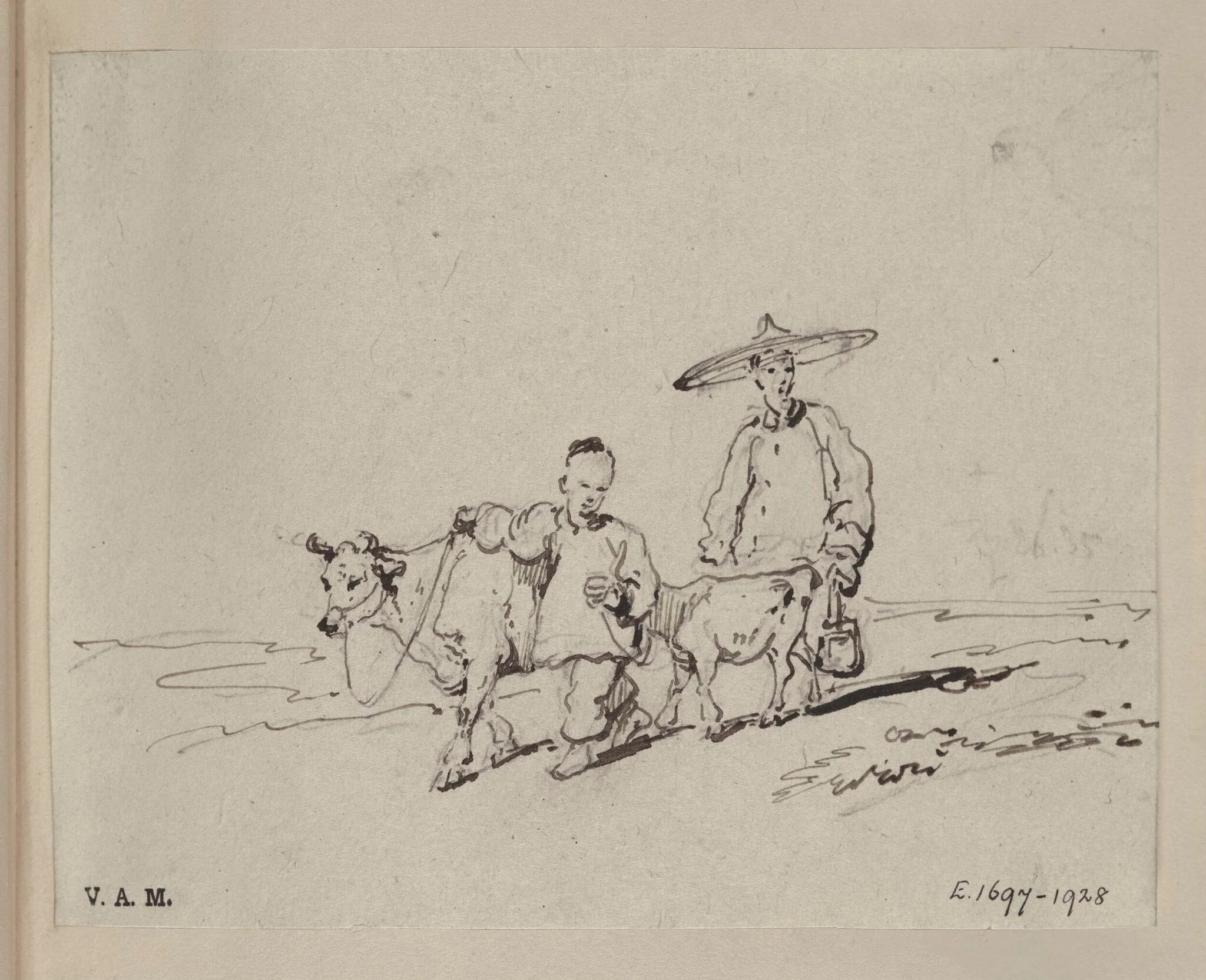 Two Chinese figures with a cow and calf, detail