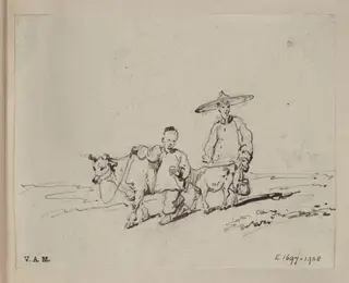 Two Chinese figures with a cow and calf, by George Chinnery, 1