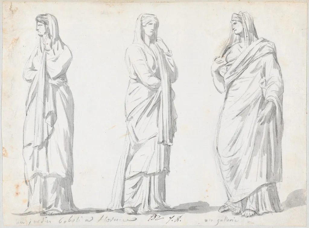Three Draped Women from the Boboli Gardens and the Uffizi, by Jacques-Louis David, graphite, 1778