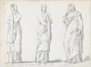 Three Draped Women from the Boboli Gardens and the Uffizi, by Jacques-Louis David, graphite, 1778