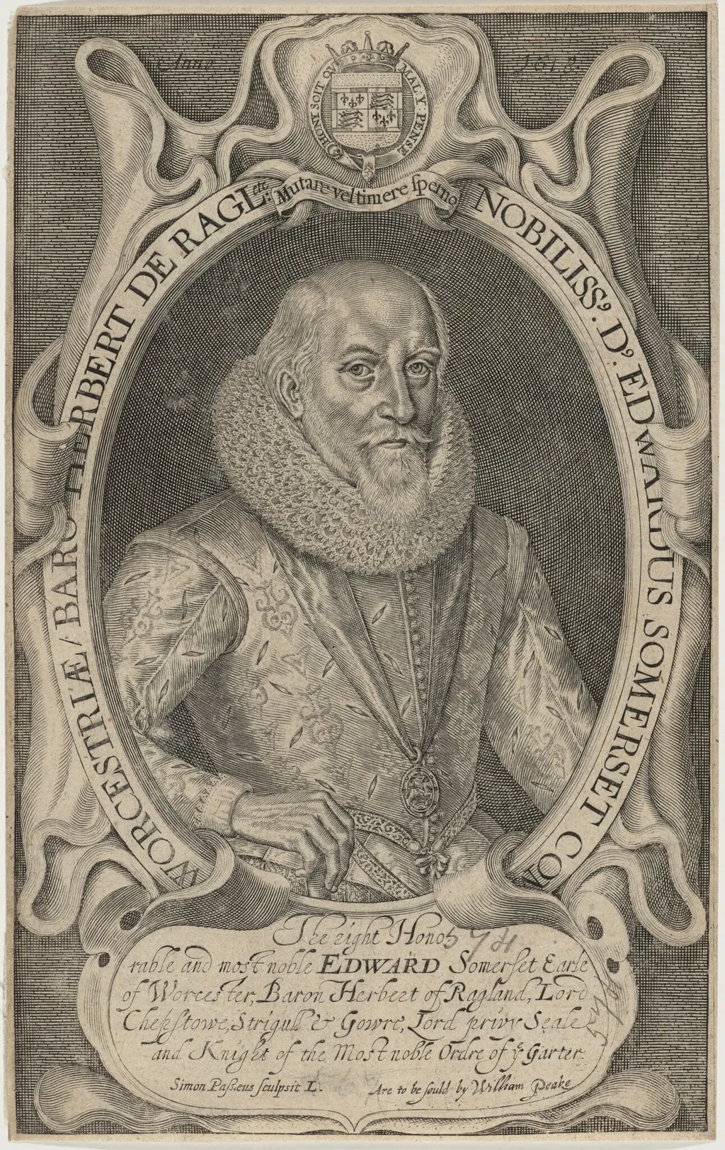 Edward Somerset, Fourth Earl of Worcester, by Simon van de Passe, ink, 1621