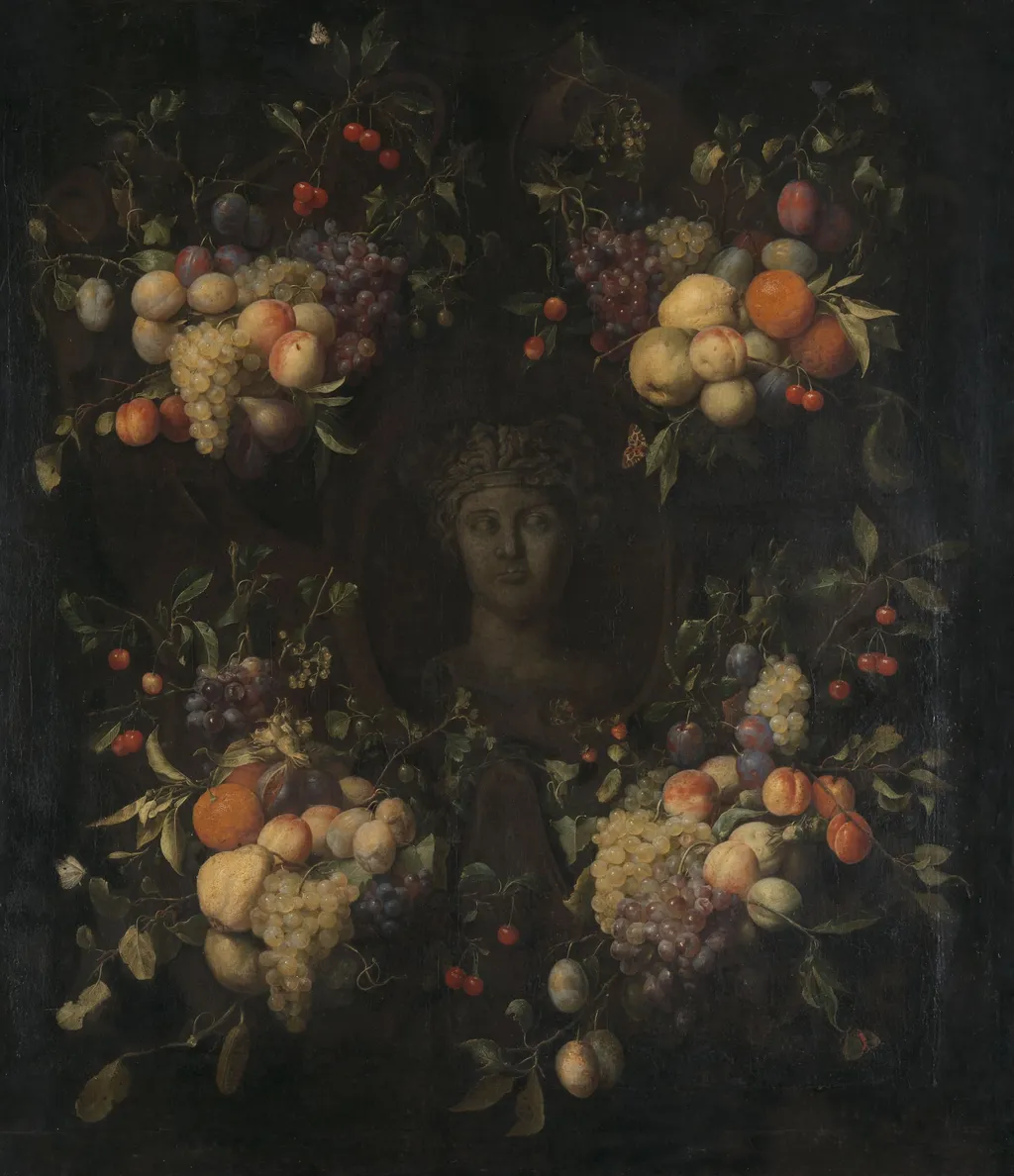 Simulated Sculpted Head of a Woman in a Cartouche Decorated with Swags of Fruit, by Joris van Son, unspecified, 1660