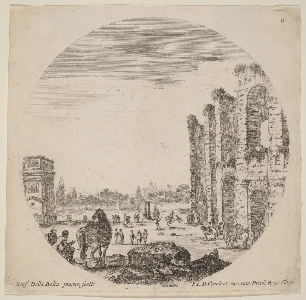 Colosseum and Arch of Constantine, by Stefano Della Bella, ink, 1646