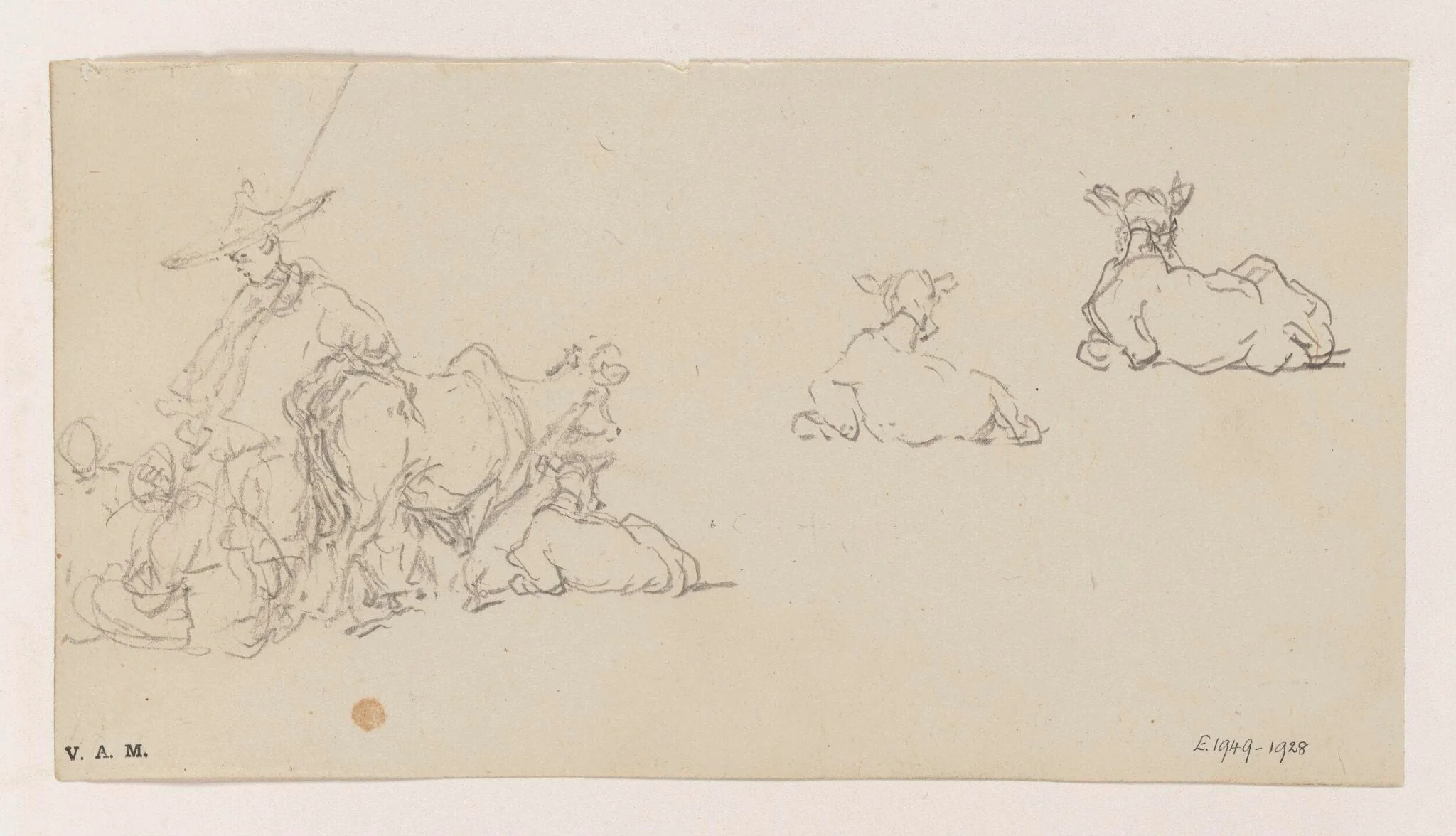 Sketches of Chinese figures and cows, detail