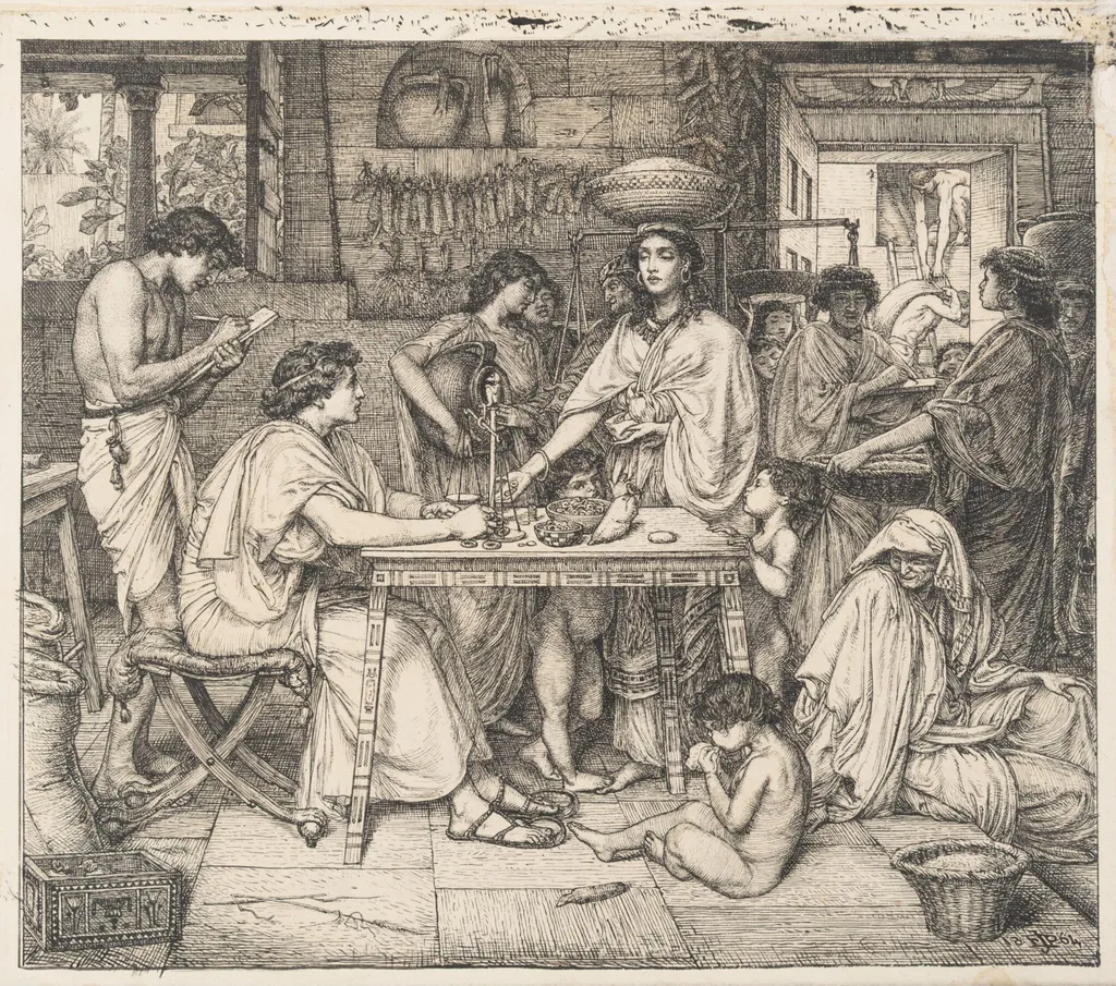 Joseph distributes corn, by Edward John, Sir Poynter, 1864