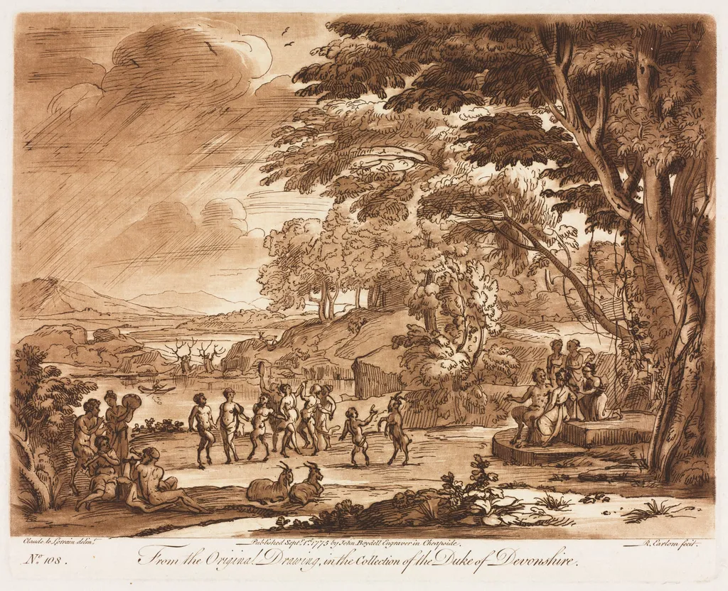Liber Veritatis:  No. 108, Landscape with Satyrs and Nymphs Dancing, by Richard Earlom, 1775